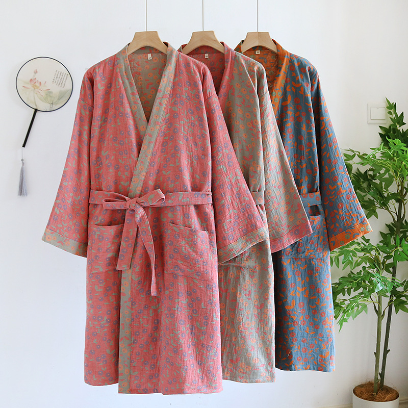 Yarn-dyed Jacquard Nightgown Women's Spring and Autumn Thin Pure Cotton Vintage Loose Sweatshirt Japanese-style Kimono Bathrobe Home Clothes