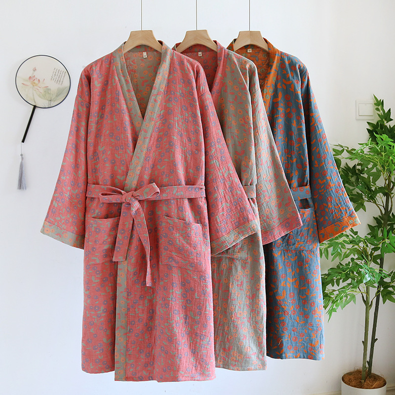 Yarn-dyed Jacquard Nightgown Women's Spring and Autumn Thin Pure Cotton Vintage Loose Sweatshirt Japanese-style Kimono Bathrobe Home Clothes