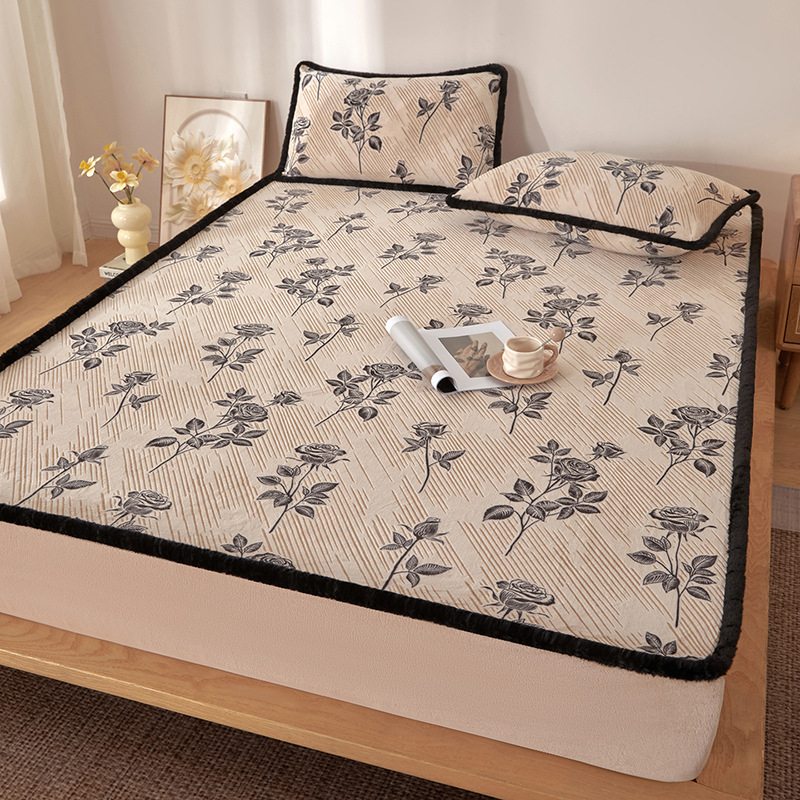 Carved Milk Velvet Single Fitted Sheet, Burnt Flower Enlarged Anti-Slip Bed Cover, Three-Piece Mattress Protector, Bedding