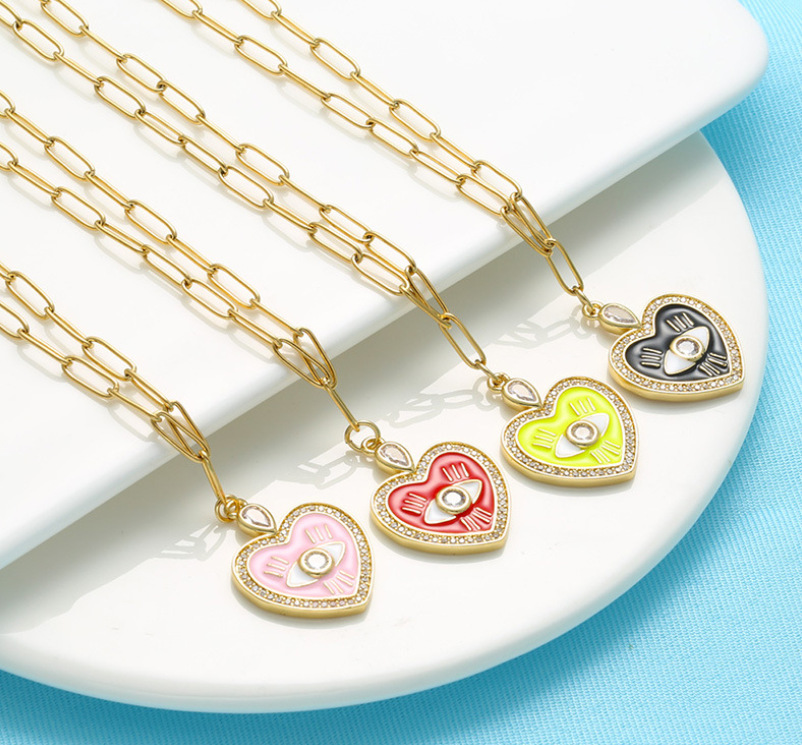 Korean Version Of The Oil Drop Love Necklace Micro-inlaid Zircon Peach Heart Eye Necklace display picture 1