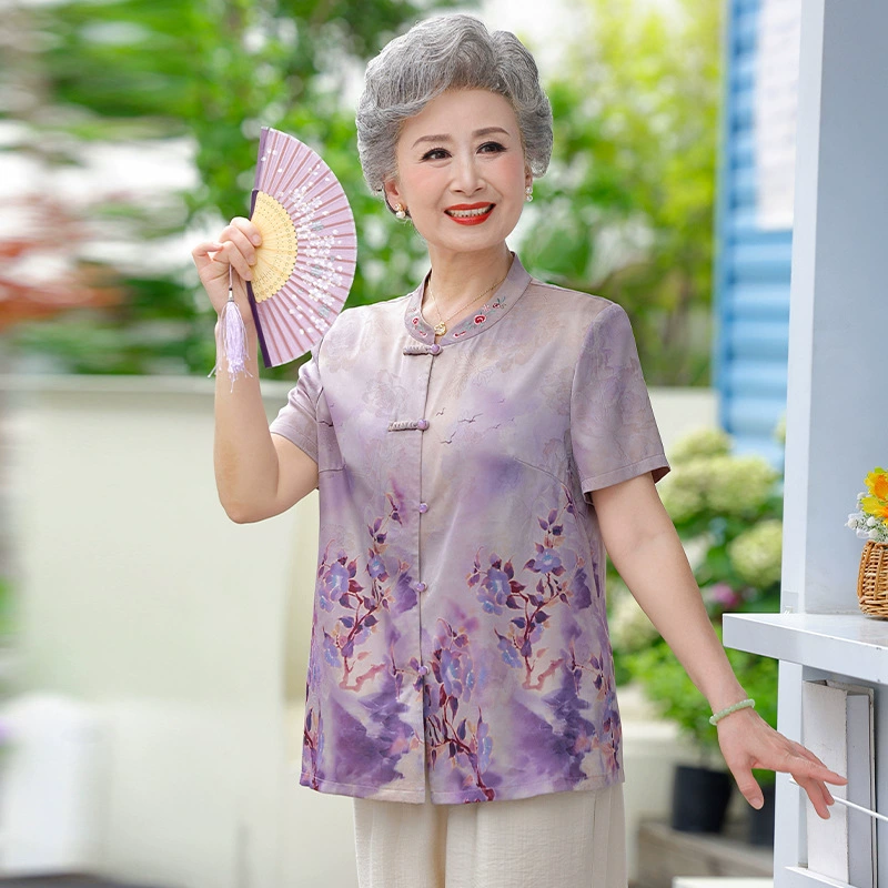 Летние рубашки для женщин среднего и пожилого возраста, бабушка с цветочным принтом и короткими рукавами для мамы, новая летняя одежда 2024 года для пожилых людей