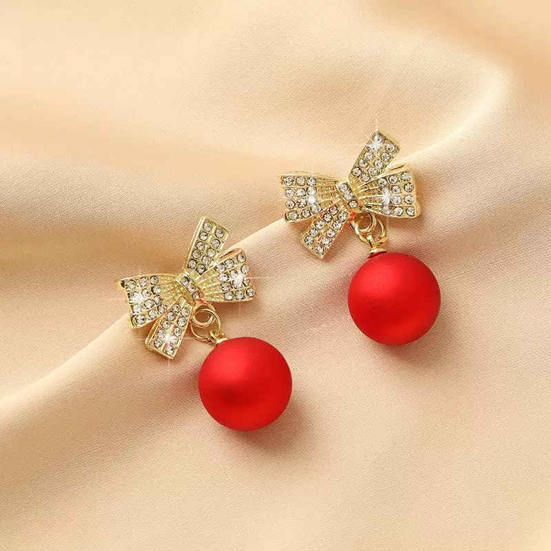 S925 silver needle, red pearl, diamond-studded bow earrings, unique design, Christmas-themed, European and American style stud earrings