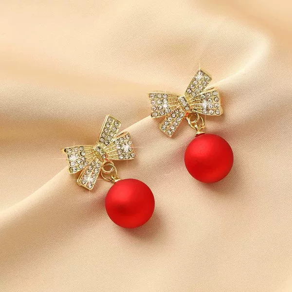 S925 silver needle, red pearl, diamond-studded bow earrings, unique design, Christmas-themed, European and American style stud earrings