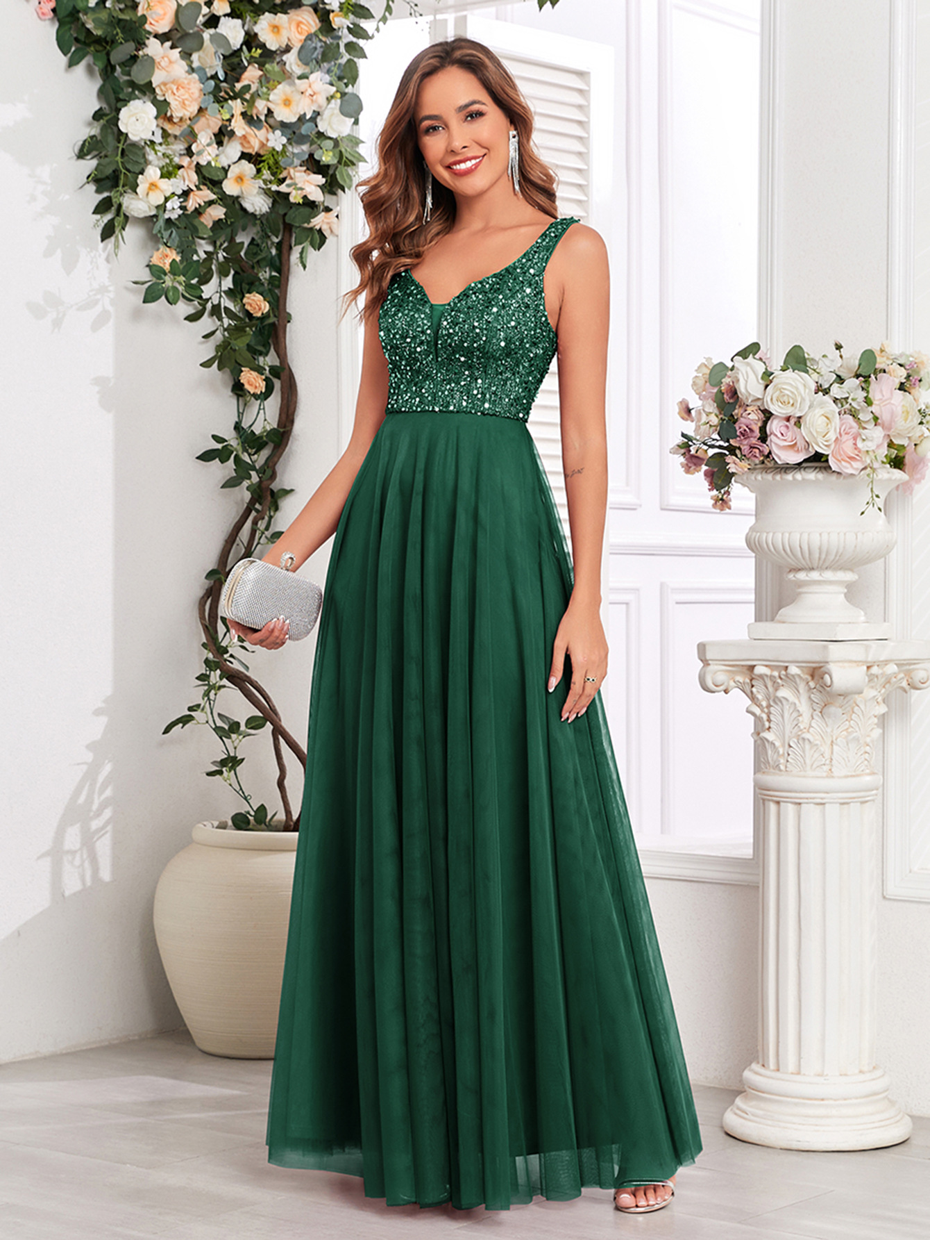 26 nuevo cross-border de malla de mosaico de pañales doble V-collar vestido de fiesta sin mangas grande A vestido de baile grande vestido de mujer