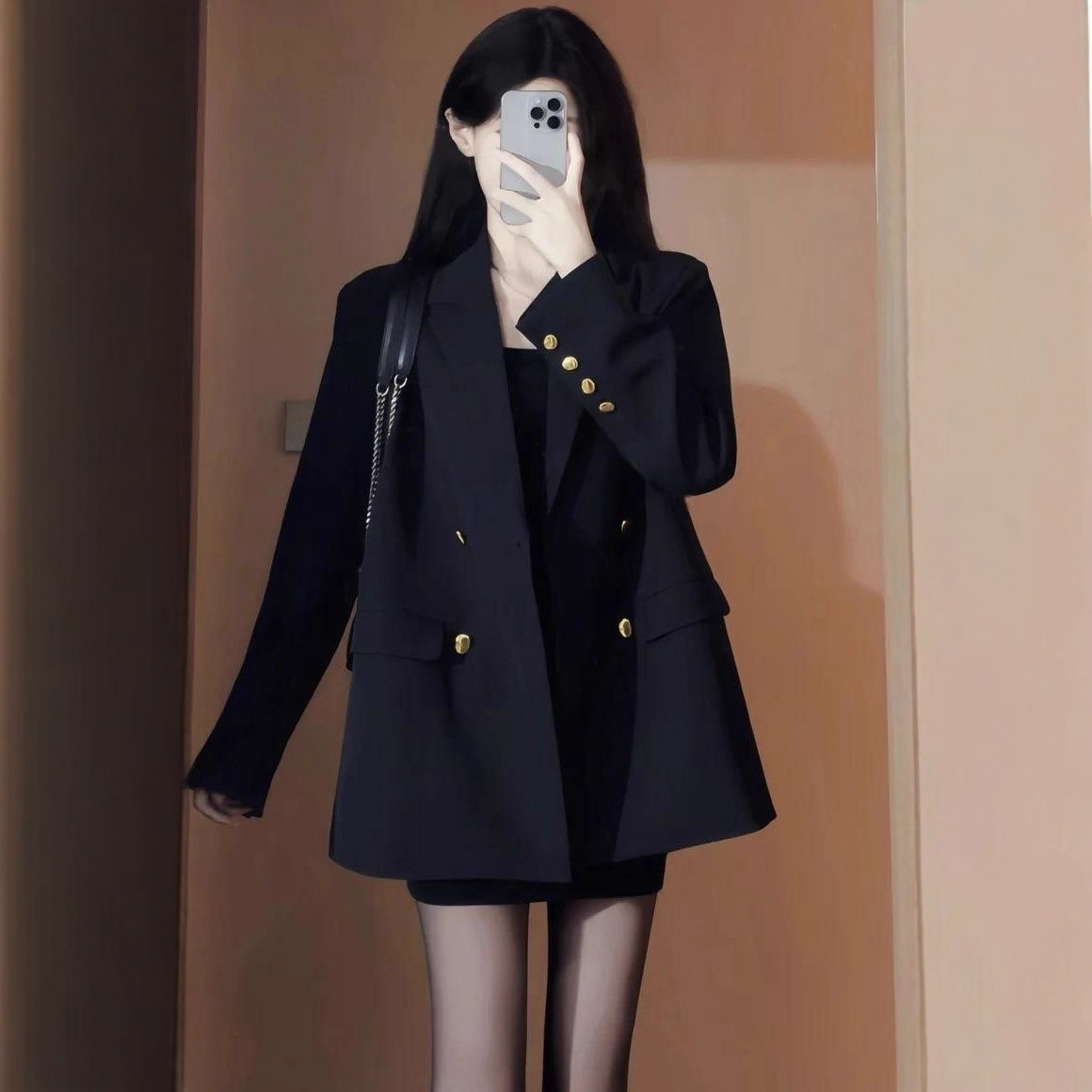 Black High-End Spring & Fall Suit Jacket for Women, Korean Style, Loose, Casual, Versatile Suit Top for Small People, Trendy