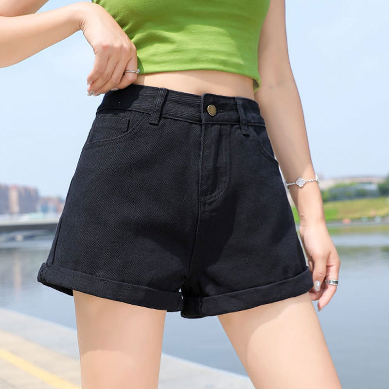 Denim Shorts Women's Curl Straight Casual Fashion Ins Korean Style Wide Leg Pants High Waist Thin Hot Pants