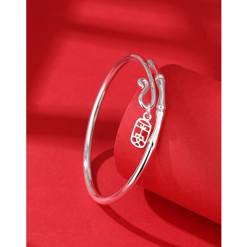 Bambú pulsera de plata femenina plata esterlina 999 abierto joven de bambú sólido periódico seguro de plata pura pulsera regalo para novia