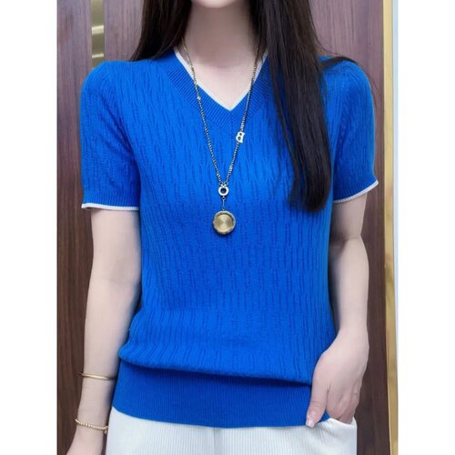 Women's Summer 2025 Loose and Slimming Breathable V-Neck Knit Short-Sleeve T-Shirt, Stylish Mother's Day Top