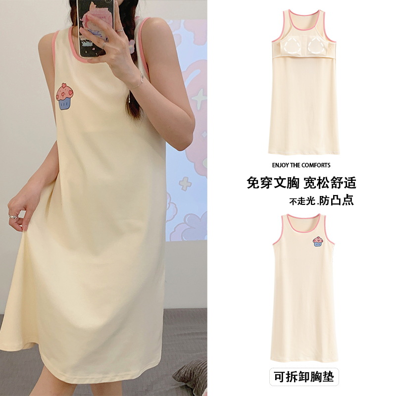 [Con almohadilla en el pecho] Camisón de algodón con almohadilla en el pecho Doble Bolsillo de algodón de verano Pijamas de mujer Ropa para el hogar Mujer