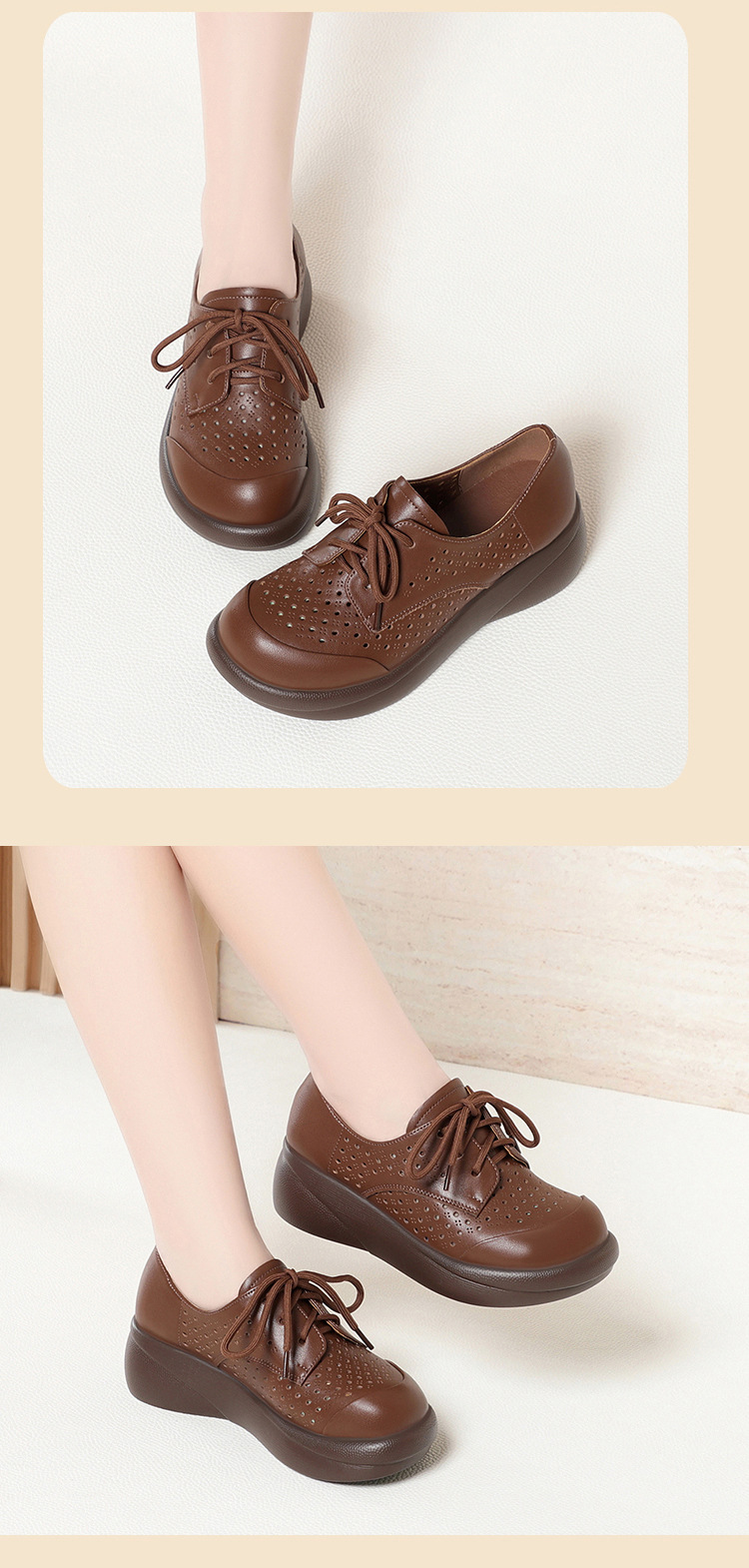 Sandal nữ đế xuồng cao gót da thật lỗ thoáng khí mũi tròn — màu nâu chi tiết 9