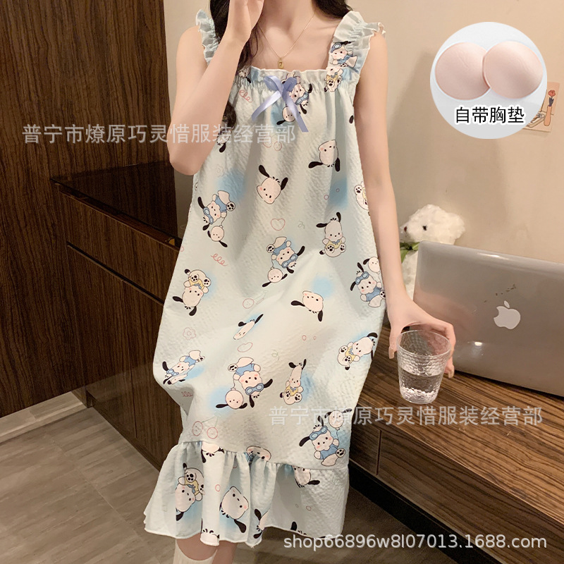 Pijama de cabina para mujeres polvo de cereza de verano algodón trenzado cojín de pecho pijama largo viento rojo de primavera y verano ropa para el hogar