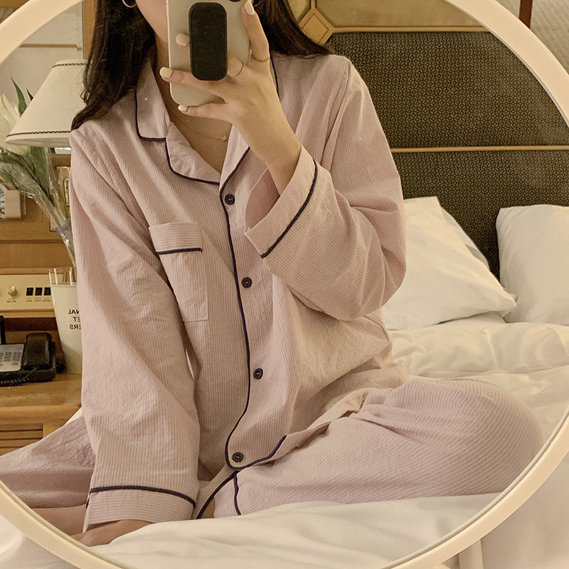 Real Shot#New Product#Couple Model#Women's Model# Striped simple small lapel long-sleeved pajamas home wear set