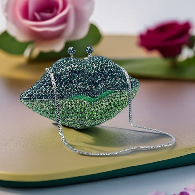 Túi clutch nữ đính đá dạ hội viền môi kim loại — màu đỏ đậm, Màu đỏ, Màu xanh lá, Màu xanh lam chi tiết 12