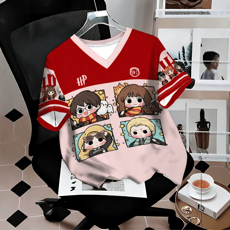 Magic Academy Cartoon Character Print Sports-Style Top American-Style Patchwork V-Neck Harry Potter Short-Sleeve T-Shirt Magic Academy Cartoon Character Print Sports-Style Top American-Style Patchwork V-Neck Harry Potter Short-Sleeve T-Shirt