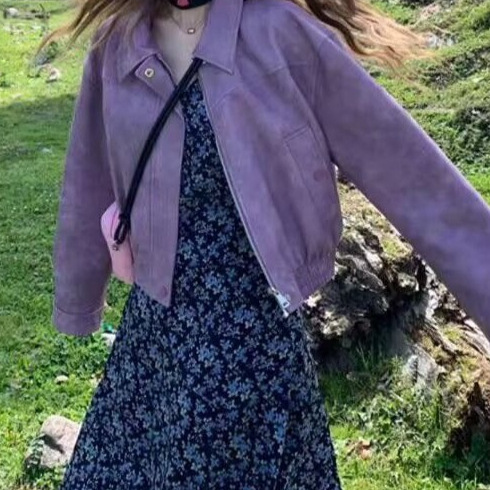紫色皮衣外套女秋季新款小个子新品宽松机车服气质夹克|undefined