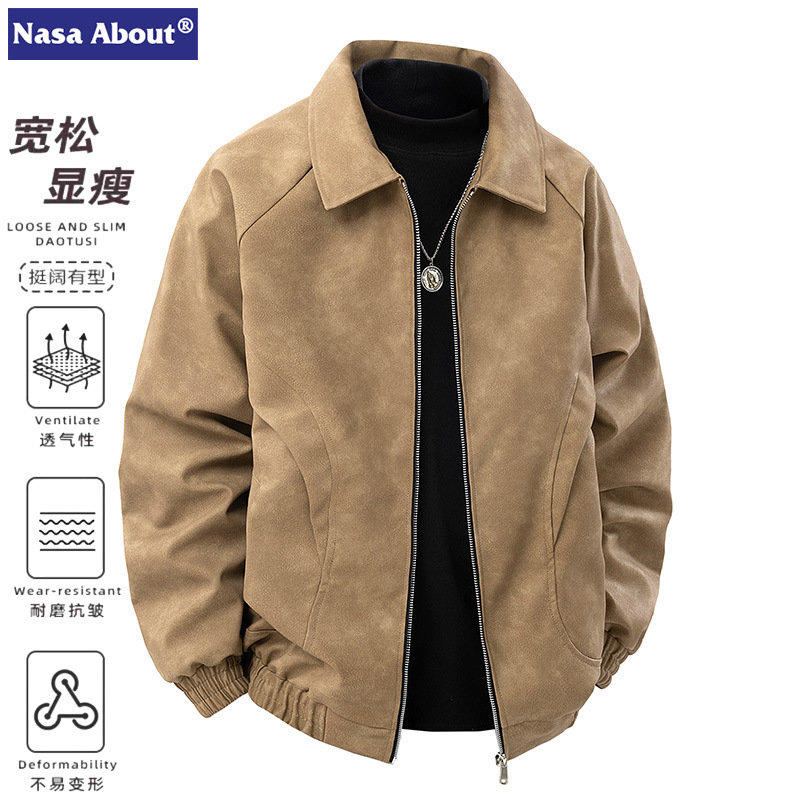 NASA New American Style Retro Brown Lapel Leather Jacket Men's Maillard Premium Suede Couple Jacket