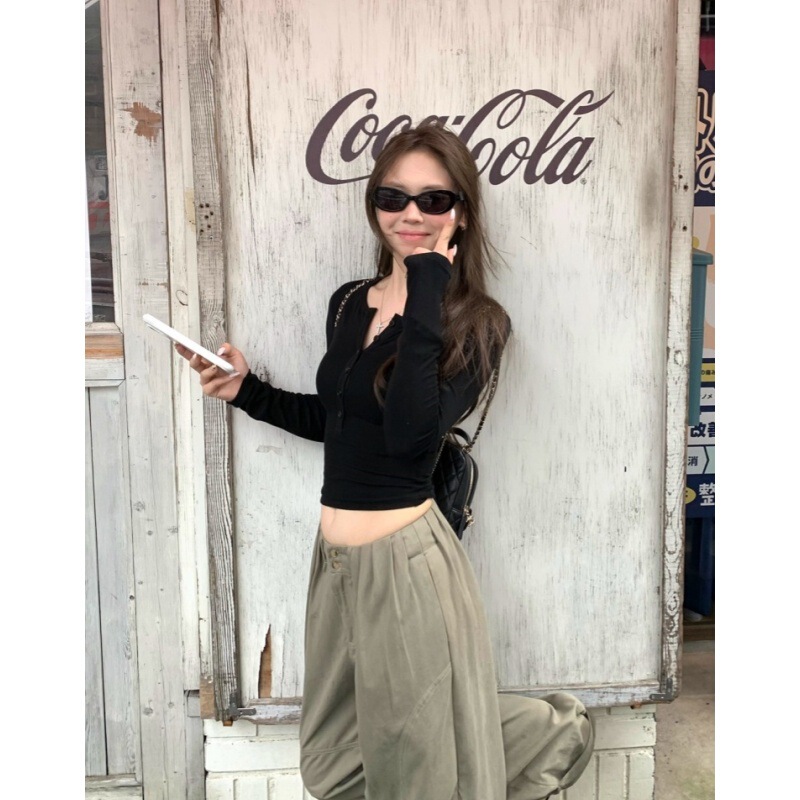 【260克人棉莫代尔】纯色简约纽扣修身显瘦圆领设计感百搭上衣潮|undefined