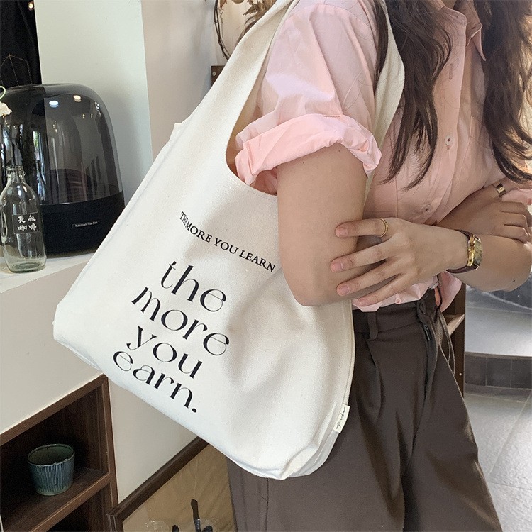 ins英文百搭質感夏季高級氣質大容量包包上班通勤帆布包單肩輕奢