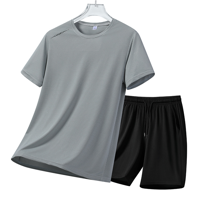 Ice Silk Summer Traje deportivo casual para hombre Cool suelto de dos piezas para hombre Camiseta transpirable de secado rápido Pantalones cortos para hombre