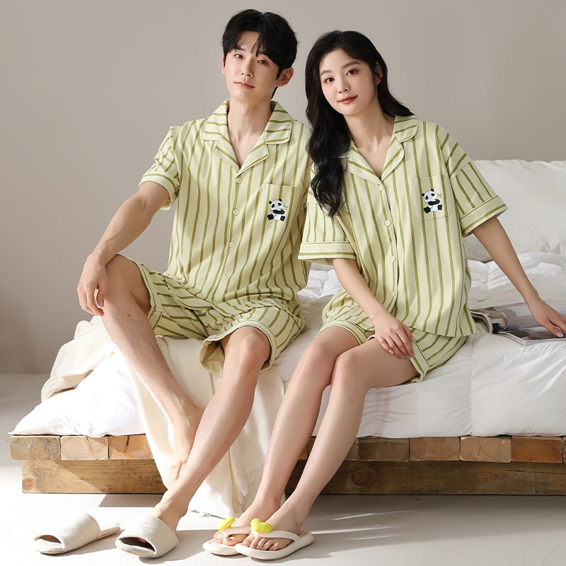 [Antibacteriano] Pijamas de pareja, cardigan fino de algodón de verano, solapa, pantalones cortos de manga corta, trajes coreanos para hombres y mujeres, servicio a domicilio