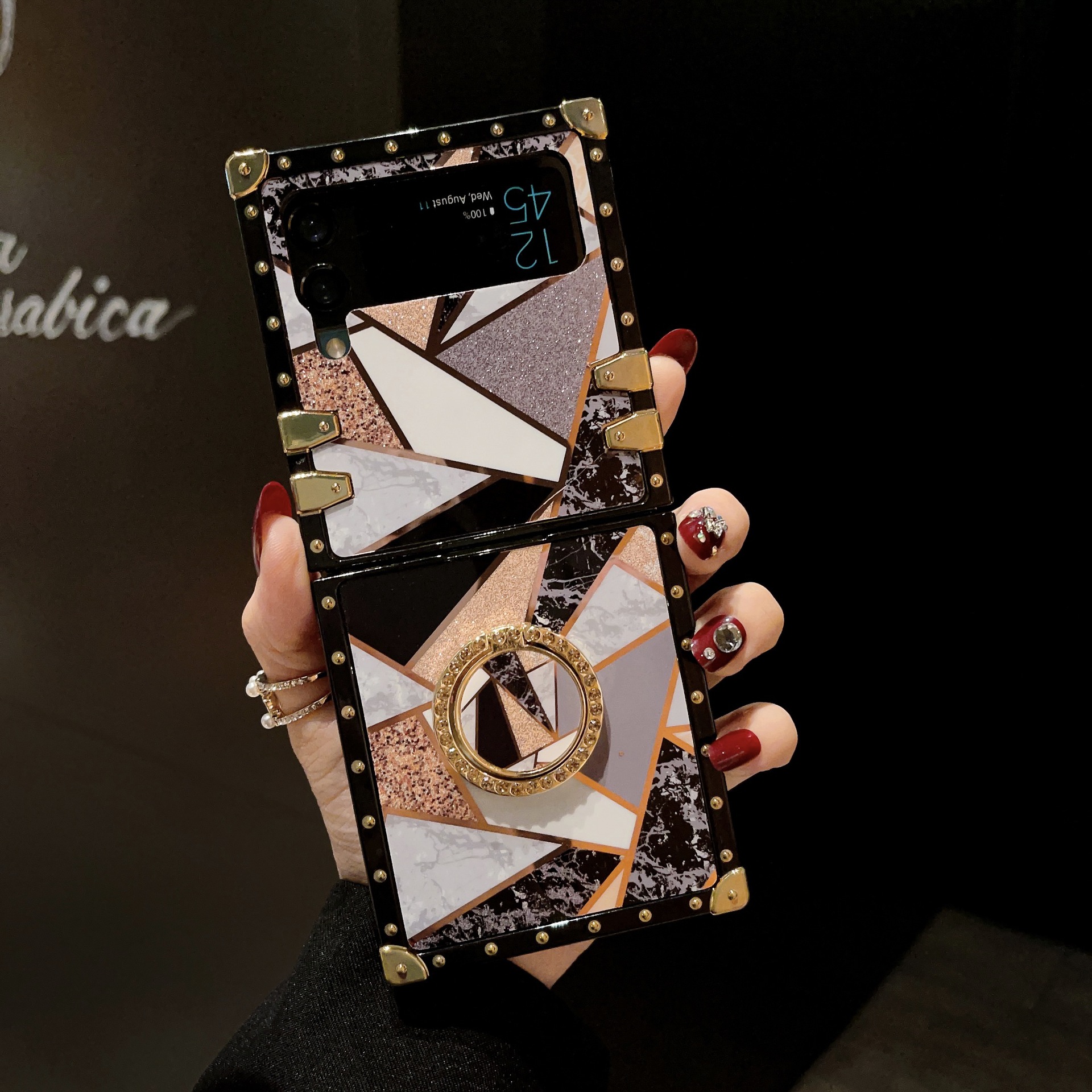 Suitable for Samsung 5 splicing glitter ZFLIP 4 stand foldable screen anti drop phone case_voghion.com