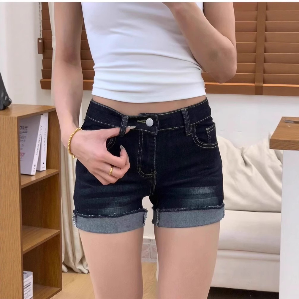 American-Style Dark Blue Denim Shorts for Women, 2025 Summer New Slimming Hot Girl Low-Waist Hip-Hugging A-Line Rolled-Up Hot Pants
