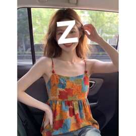 纯欲风彩色油画印花吊带背心女夏季新款绝美漂亮短款露背无袖上衣