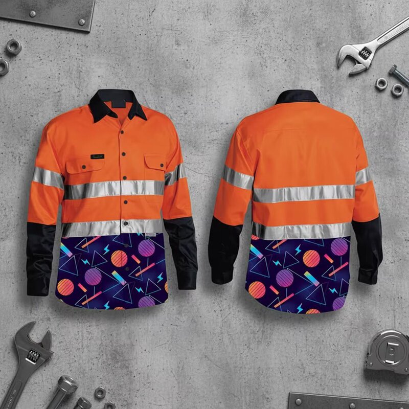 Customized Digital Printing Reflective Work Clothes Export Pure Cotton Labor Protection Clothing Night Luminous Safety Men's Shirt Manufacturer
