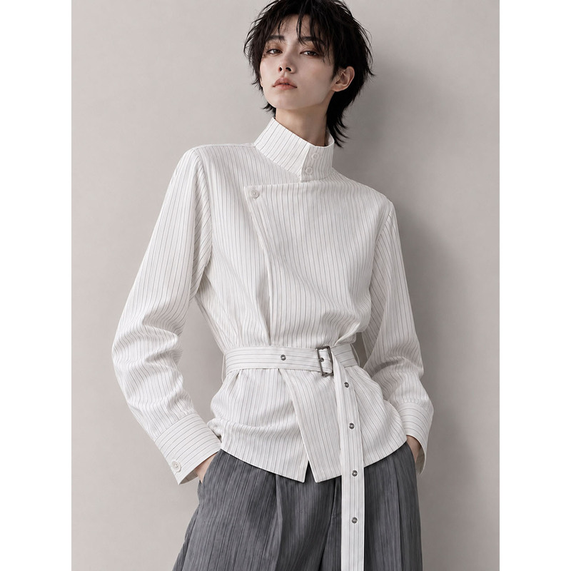 Striped adjustable sleeve length long-sleeve shirt, men's business style, elegant and stylish, with a lapel and tie detail, short-sleeve unisex shirt, women's asymmetrical collar shirt Striped adjustable sleeve length long-sleeve shirt, men's business style, elegant and stylish, with a lapel and tie detail, short-sleeve unisex shirt, women's asymmetrical collar shirt