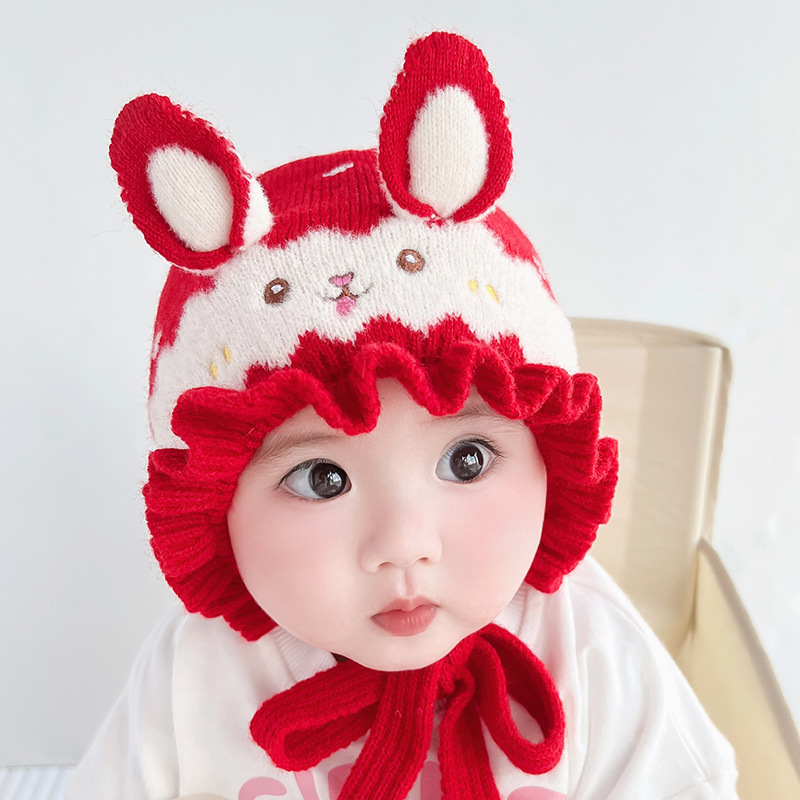 婴儿帽子秋冬可爱兔子护耳公主帽女宝宝保暖针织毛线帽加厚套头帽