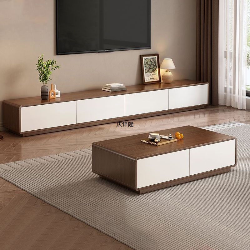 Tv Cabinet Italian Light Luxury Coffee Table Living Room Combination Set Solid Wood Antique Floor-Standing Mid-Century Style Simple Integrated Cabinet