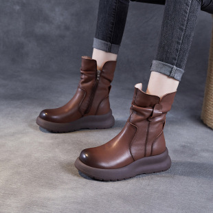 Genuine Leather plus size Cigarette Martins Boots Women's 2024 Autumn and Winter fleece-lined Retro British Style Thick Bottom Knight Boots