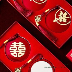 结婚新娘压腰镜陪嫁镜子结婚一对迷你流苏结婚镜子挂脖子红色腰镜