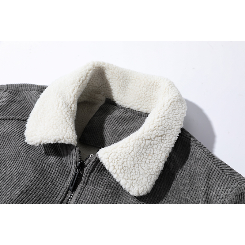 Chaqueta de pana para hombre con múltiples bolsillos, estilo vintage de ropa de trabajo, forro polar de invierno, lana de cordero engrosada, corte holgado, cuello vuelto, abrigo de algodón, transfronterizo.
