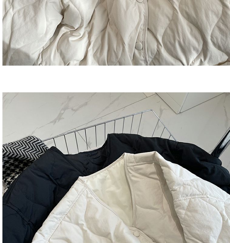 Collarless lamb wool splicing light and thin winter Korean version loose small fragrant dia plaid warm cotton jacket_voghion.com