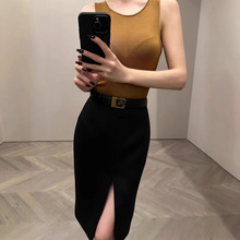 实穿主义~黑色直筒西装半裙女秋冬新高腰设计感开叉中长款包臀裙