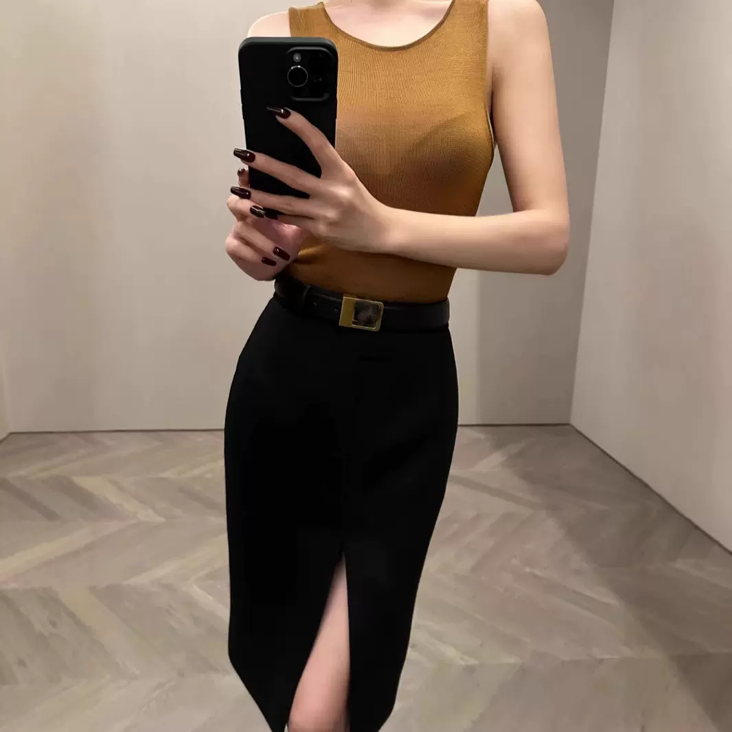 实穿主义~黑色直筒西装半裙女秋冬新高腰设计感开叉中长款包臀裙