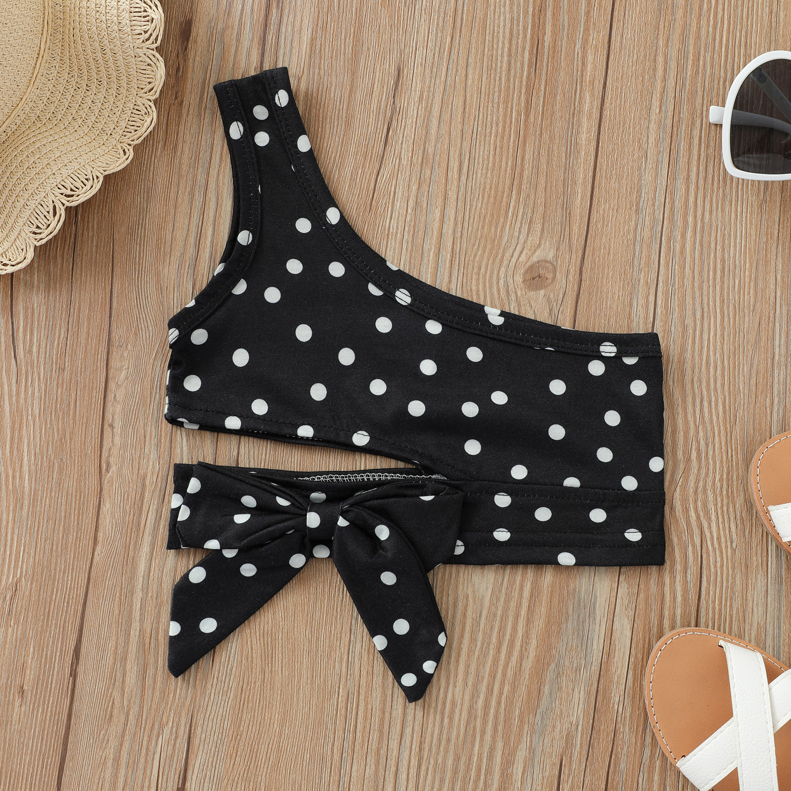 Chaleco transfronterizo para niños verano nuevas niñas Honda Polka Dot ombligo corto Top arco hombro camisa corta europea y americana