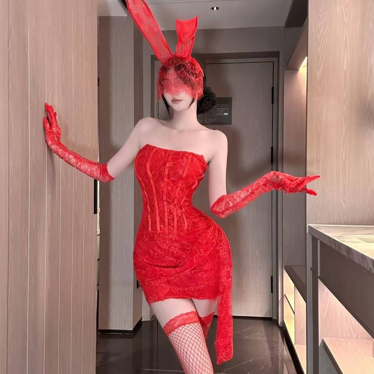 Lace Strapless Mini Dress Costume with Gloves, Stockings and Cat Ears, White One Size — detail image 2