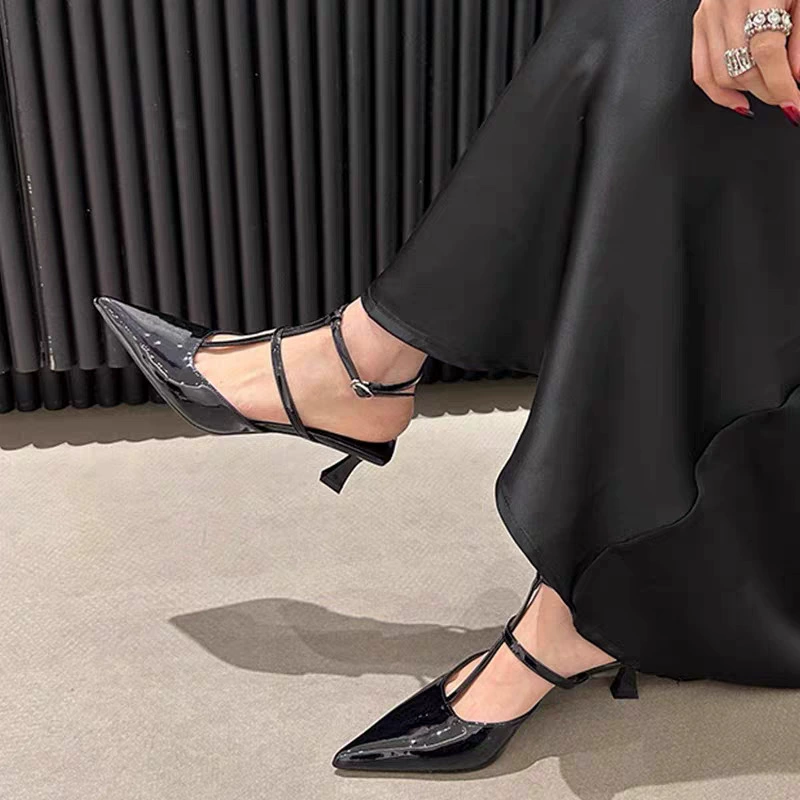 2024 Европейские и американские новые модные женские сандалии на шпильке с пряжкой, сексуальные остроносые туфли на высоком каблуке для внешней торговли