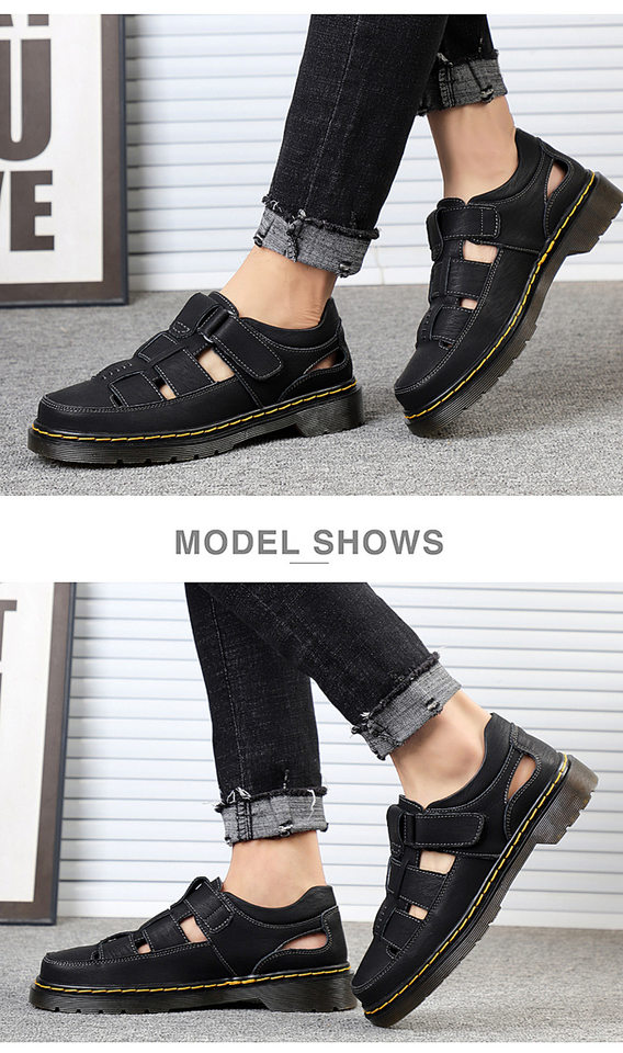 Dép sandal nam da thật bít mũi đế dày dán Velcro cỡ lớn — 202122 màu đen, 202122 đỏ nâu, Màu xám 202122 chi tiết 14