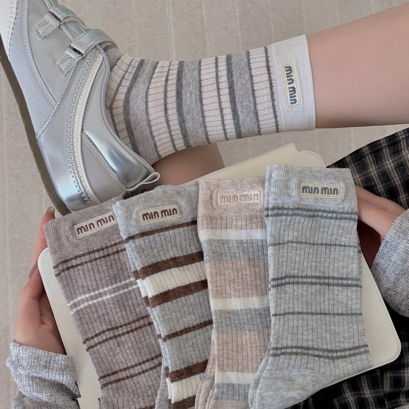 Spring and Summer Socks for Women, Striped Fabric Label, Mid-Calf Women's Socks, Thin, Lightweight, Breathable, Combed Cotton, Korean Style Ins Socks Spring and Summer Socks for Women, Striped Fabric Label, Mid-Calf Women's Socks, Thin, Lightweight, Breathable, Combed Cotton, Korean Style Ins Socks