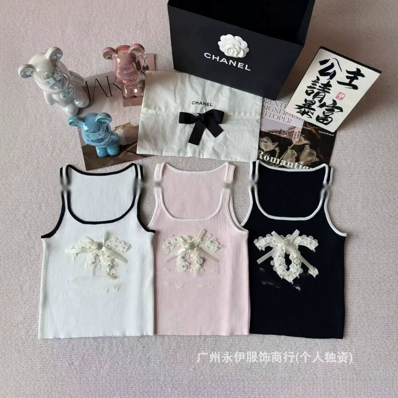 Three-Dimensional Double C Pure Desire Bowknot Color-Blocking Short Camisole for Girls, Sweet and Slim-Fitting, Sexy and Cute for Summer
