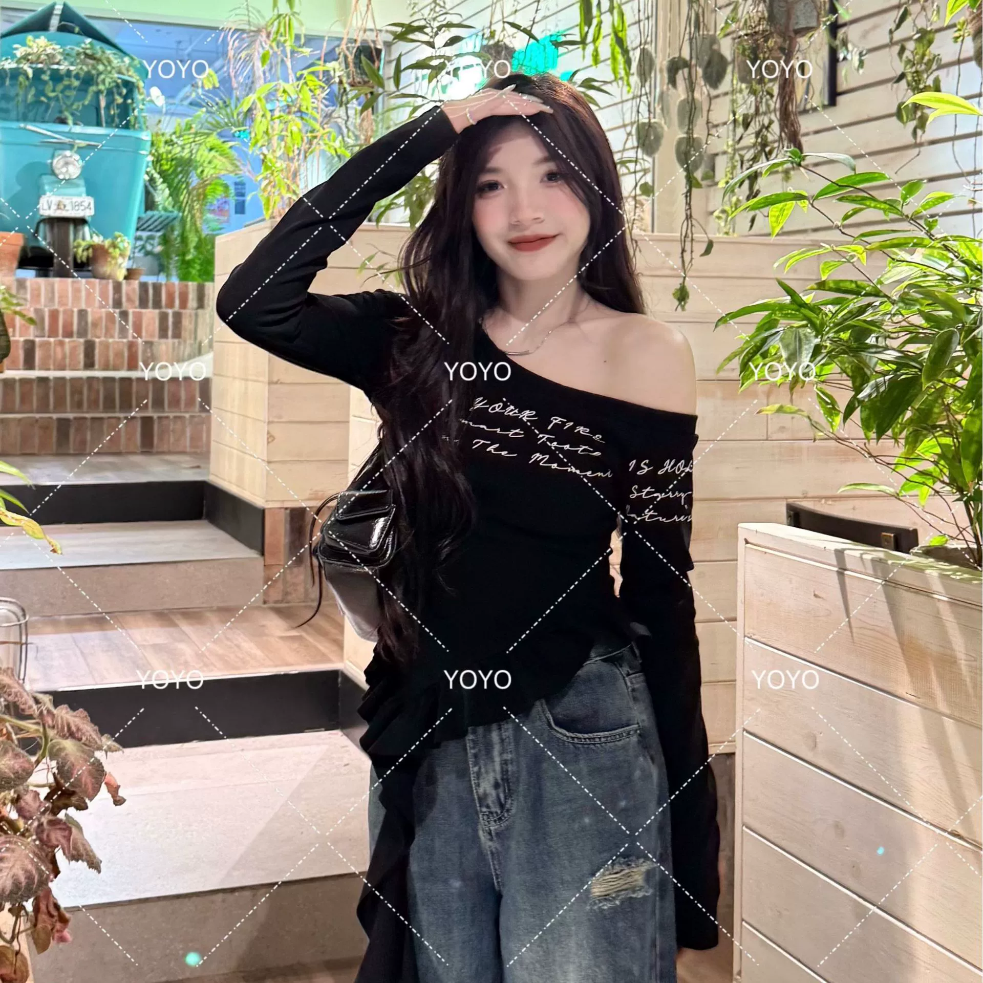 YOYO домашний [рюши] весна и лето 2025, новый сексуальный нишевый топ с длинными рукавами и открытыми плечами