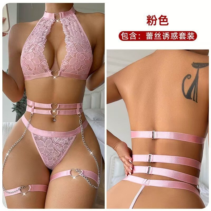 Cross-Border Amazon New Sexy Lingerie Set with Lace Allure, Metal Heart Chain, and Gathered Garter Belt Cross-Border Amazon New Sexy Lingerie Set with Lace Allure, Metal Heart Chain, and Gathered Garter Belt