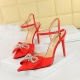 86-H28 Summer High Heels Women's Shoes Slim Heels, Shallow Mouth, Pointed Satin, Bow Knot, Hollowed Out One Line, High Heel Sandals