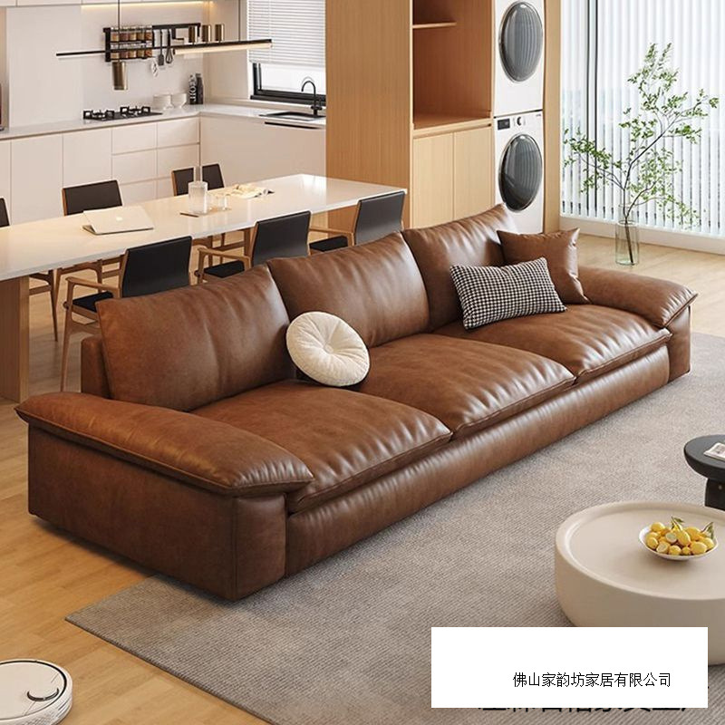 Genuine Leather Sofa Italian Minimalist Retro Style Living Room Modern Minimalist Office Sailboat Straight Leather Art Cloud Sofa