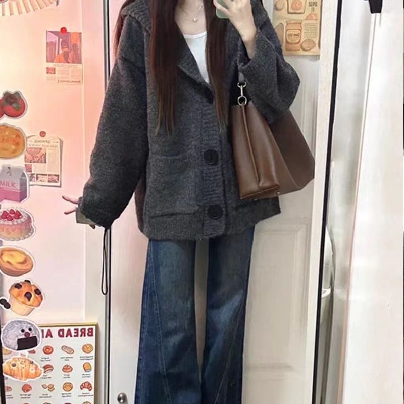 韩系慵懒风连帽外搭毛衣外套女2025秋冬新款宽松软糯羊驼针织开衫|undefined