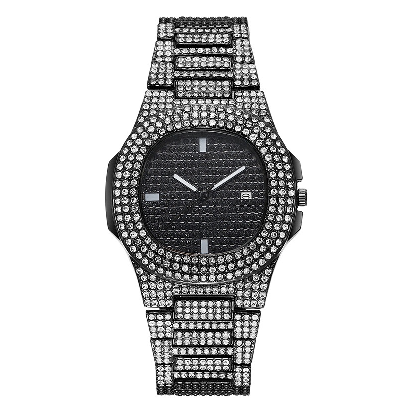 Elementos de hip-hop europeos y americanos Reloj de moda con diamantes completos para hombres y mujeres Reloj cuadrado grande de oro Reloj de cuarzo con banda de acero de tendencia de moda