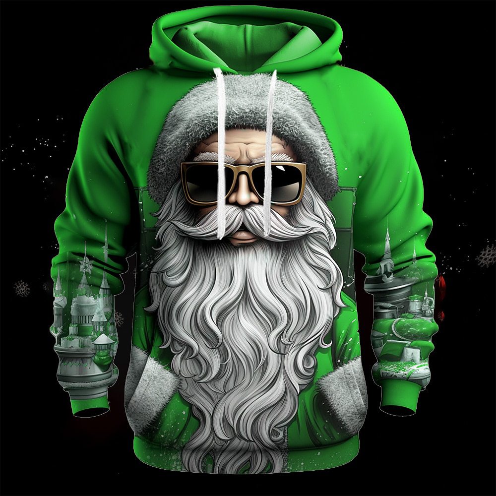 Sweat-shirt à capuche avec cordon de serrage et poche plaquée pour homme, vêtement ample pour le printemps et l'automne, impression 3D amusante du Père Noël_voghion.com